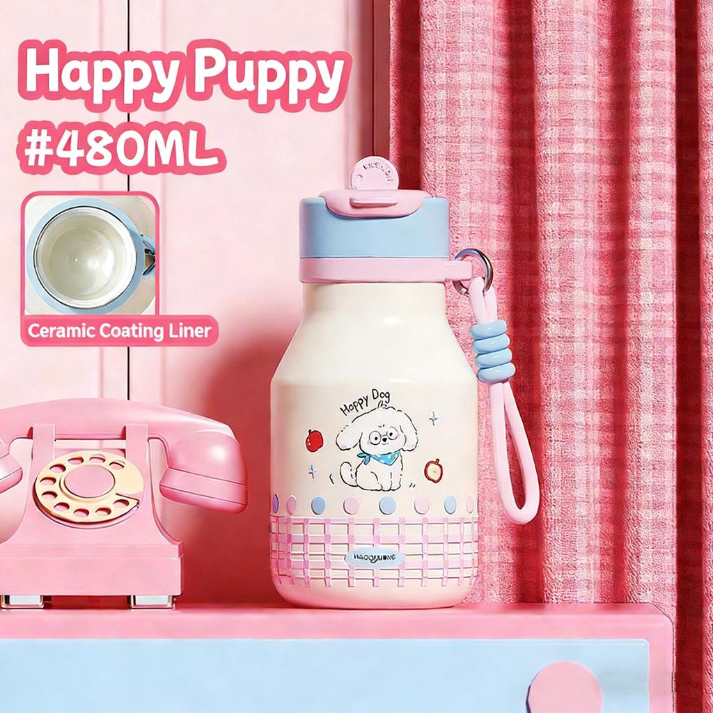 Modern Children's Cartoon Cute Stainless Steel 480ml Leak-Proof Vacuum Insulated Anti-Fall Thickened Strap Water Straw Cup