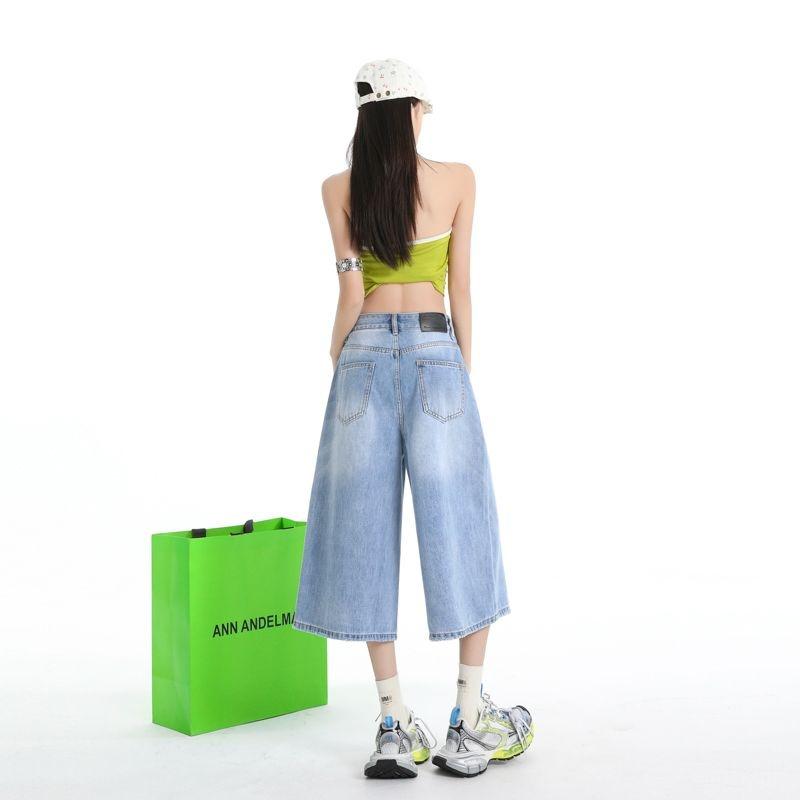 Gedijie Cat Beard Craft Wash Loose Cowboy Mid Pants for Women's New Wide Leg Seven Leg Pants