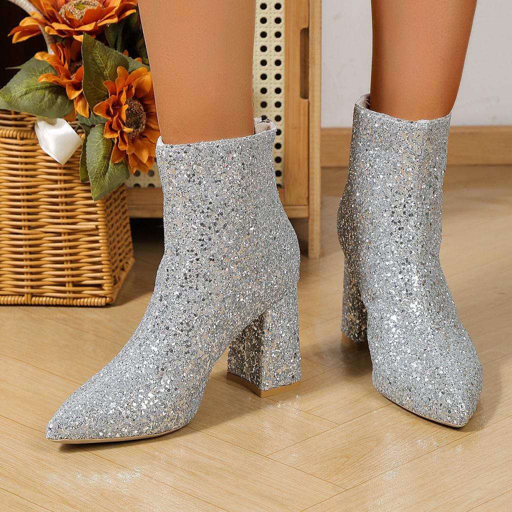 Autumn and Winter Large Size Pointed Sequins Thick Heel Women's Fashion Boots Silver Sequins Cute Low Boots Women's Boots