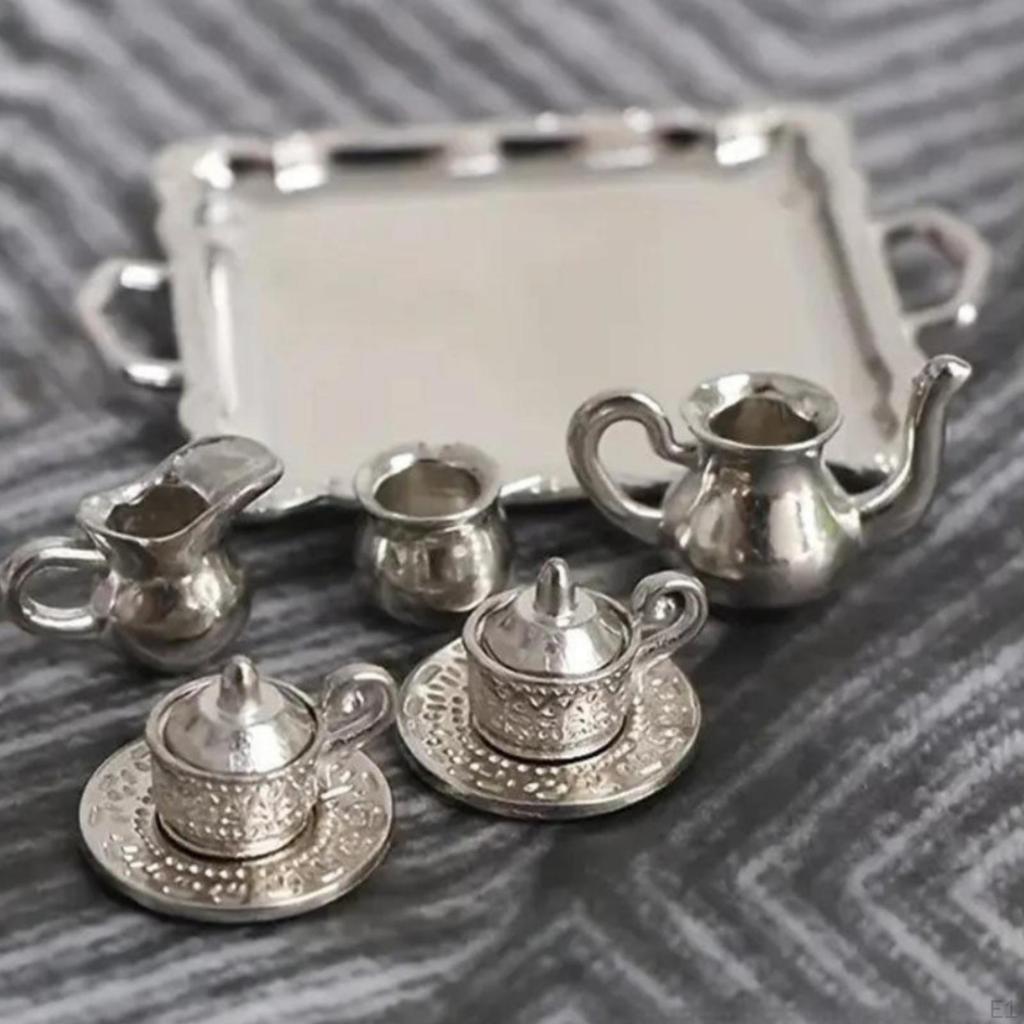 Miniature Tea Set with Tray Lustrous Dollhouse Metalware Toy for Collectors, Hobbyists,