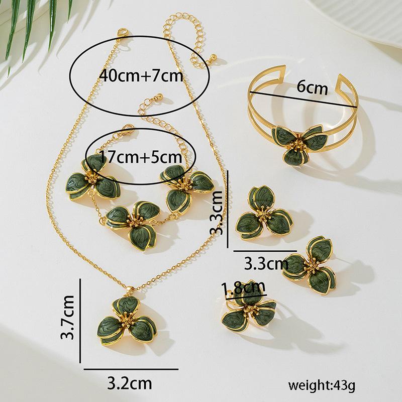 Simple Oil-Infused Flower Earrings And Necklace Set - Casual Jewelry Set For Women