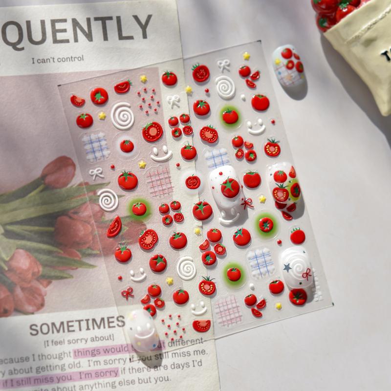 Kawaii Red Jelly Tomato Nail Art Sticker Bowknot Star Cute Summer Fruit 5D Fruit Self Adhesive Nail Art Decals For Summer Diy