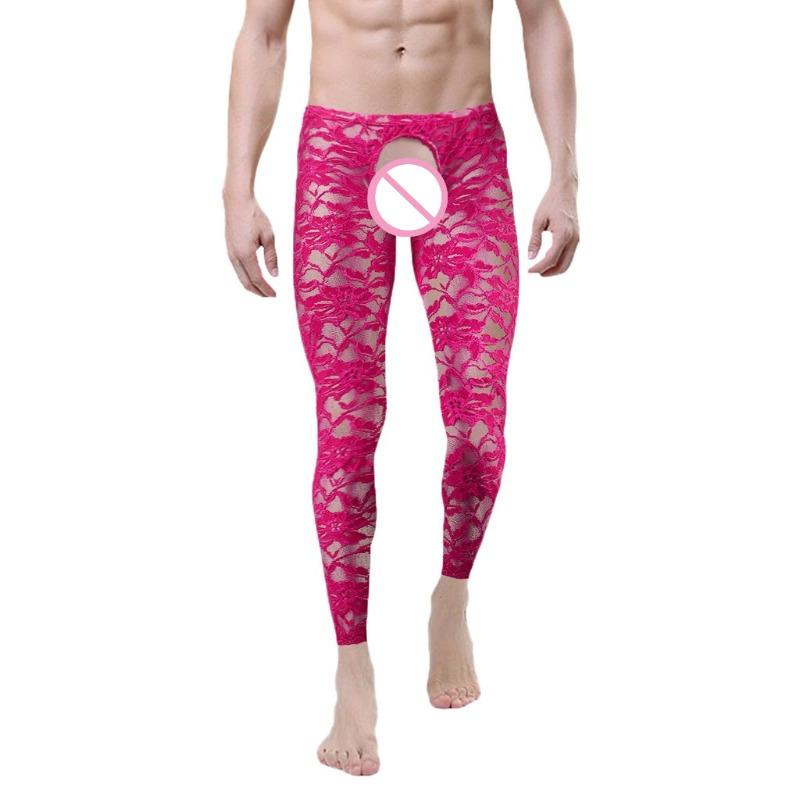Sissy Lingerie See Through Floral Lace Open Crotch Long Pants Men Low Rise Bottoms Lounge Tight Stretchy Trousers Sleepwear