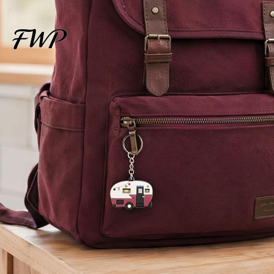 Camping Keychain Cartoon RV Shape Keychain, Contrasting Color Keyring Accessories for Travel Trailers, Enameled Metal Retro Car Trailer