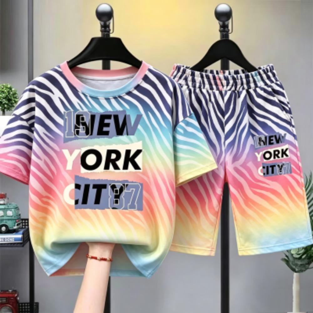 Camouflage Zebra Stripe Letter Printed Women's T-shirt and Shorts 2 Piece Set Summer Home Outdoor Casual Outfit for Men's and Women's T-shirt Set