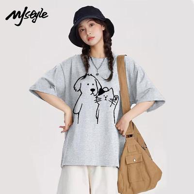 MJ STYLE Women's Cartoon Cat & Dog Cotton T-Shirt