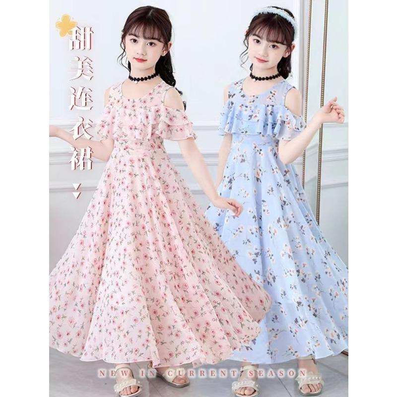 Kleines Mädchen Blumen Chiffon Prinzessin Langes Kleid Kinder Sommer Freizeitkleid