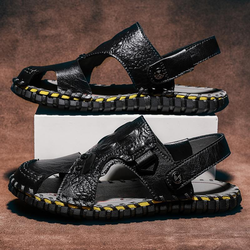 Large Size Sandals Men's Hand-sewn Breathable Casual Beach Shoes Men's Soft-soled Crocodile Pattern Roman Sandals