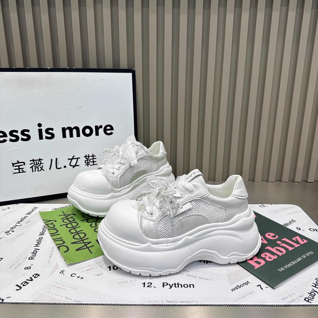 2025 New Women's Soft Leather Thick Bottom Sneakers Casual Sports Shoes Butterfly Knot Pearl Lace up Heightening Board Shoes