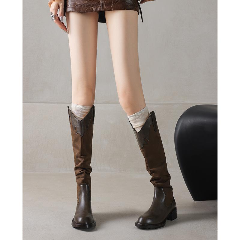 Cowhide Version~ Genuine Leather Stacked Long Boots Retro Thick Heel Western Cowboy Boots Female Knight Boots V-mouth Boots