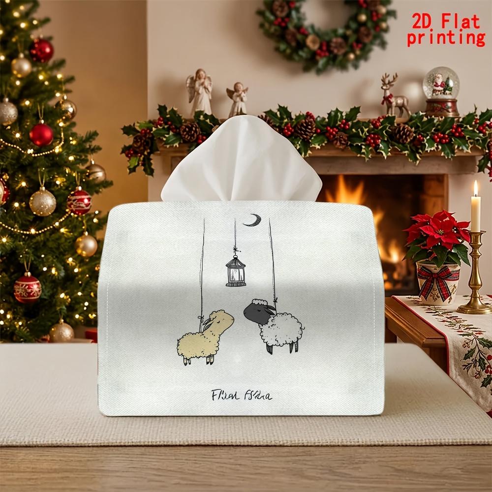 2D Flat 1pc, Tissue Box. Two Sheep And Lantern Pattern Napkin Tissue Box, Reusable, Daily Desktop Tissue Storage Box, Suitable for Kitchen, Living Roo