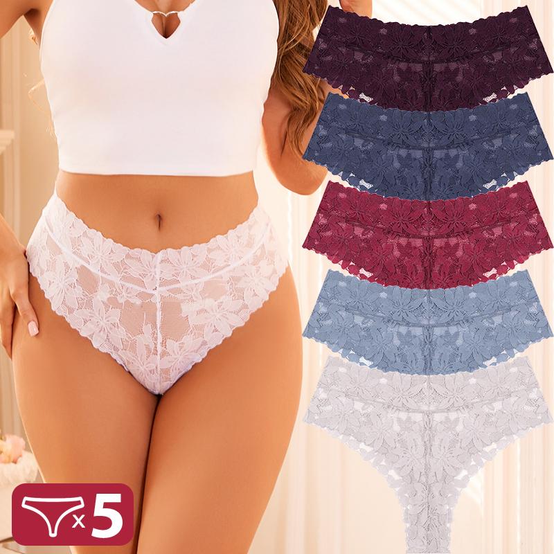 FINETOO 5 Bucăți Tanga Sexy din Dantelă Femei Chiloți cu Talie Joasă Sexy Moi Lenjerie Intimă Doamne Chiloți Florali Trendy Lenjerie Intimă Femei