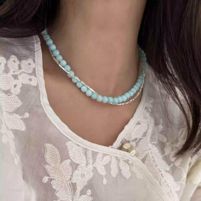 PANJBJ 925 Sterling Silver Mint Green Stone Necklace for Women Geometry Block Sweet Design Special Jewelry Gift Dropshipping