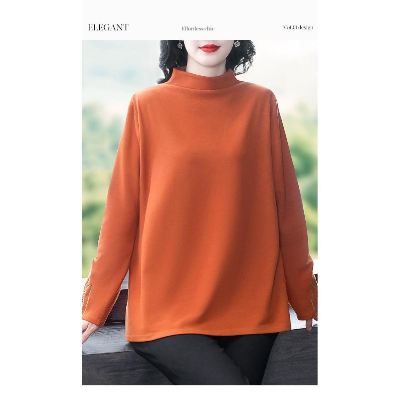 Women's Embroidered Velvet Thickened Bottoming Autumn and Winter New Half Turtleneck Loose Long-sleeved Bottoming Top