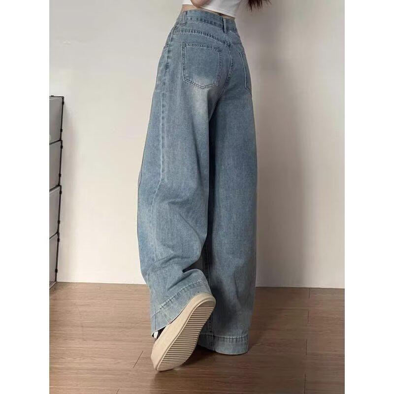 Plus Size Retro Wide-Leg Denim Pants for Women - Autumn Loose Fit, Slimming, Pear-Shaped Body