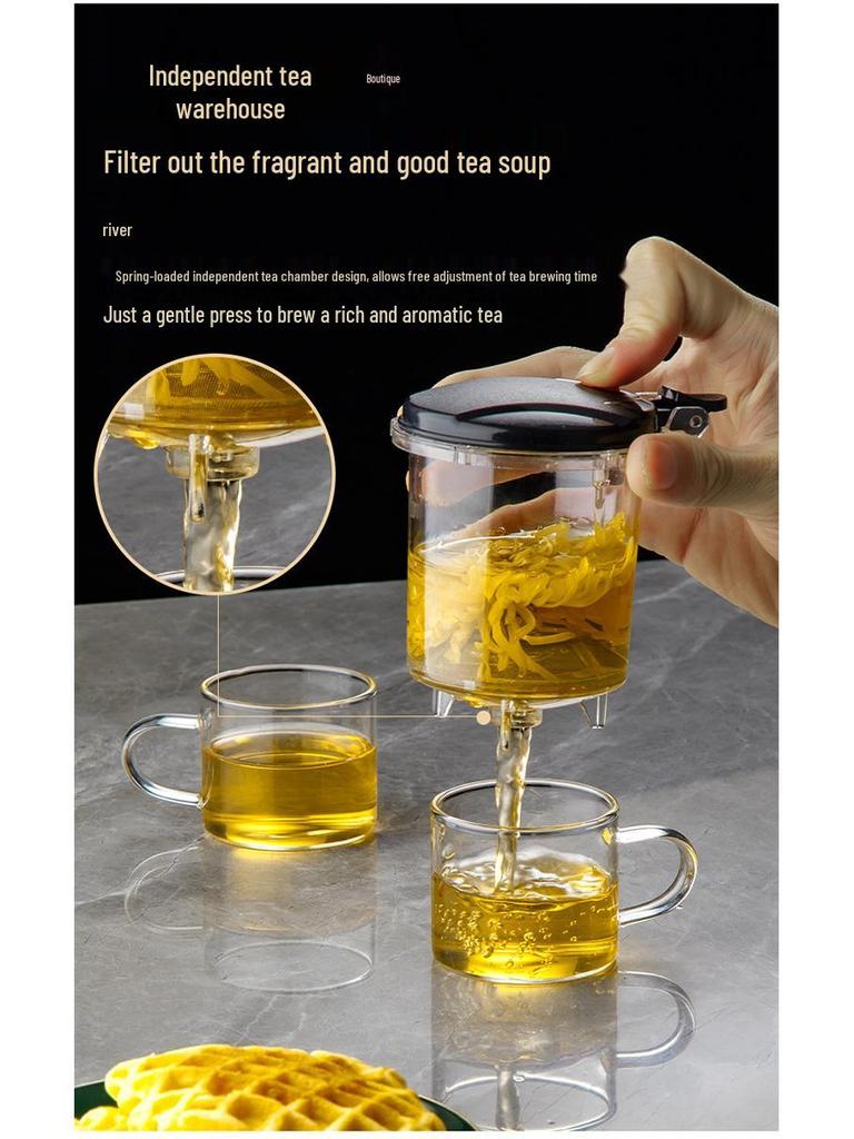 Elegant Heat-Resistant Glass Tea Infuser Pot with One-Button Filtering - Customizable with Logo Option.