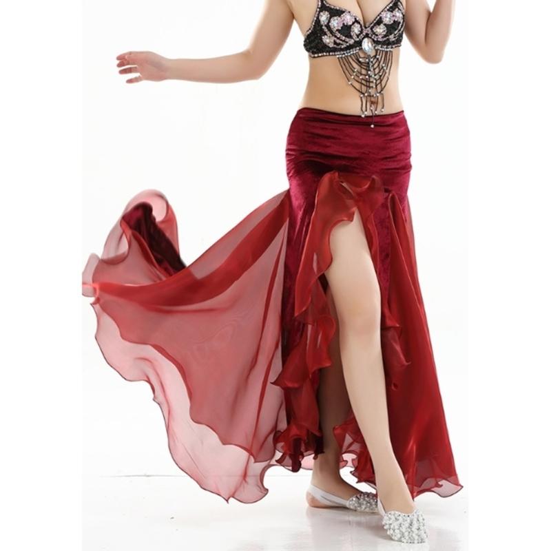 Professional Belly Dance Skirt with Elegant Wavy Hem and Single Slit for Flexible Stage Movement and Safety