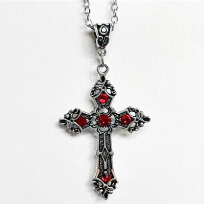 Vintage Simple Fashion Gothic Black Diamond Ruby Diamond Cross Pendant Men's Women's Necklace