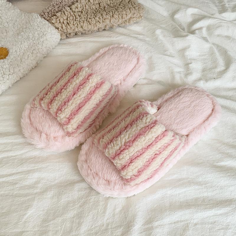 Fashion Cute Striped Bow Fluffy Slippers Women's New Autumn and Winter 2025 Outer Wear One-word Cotton Slippers