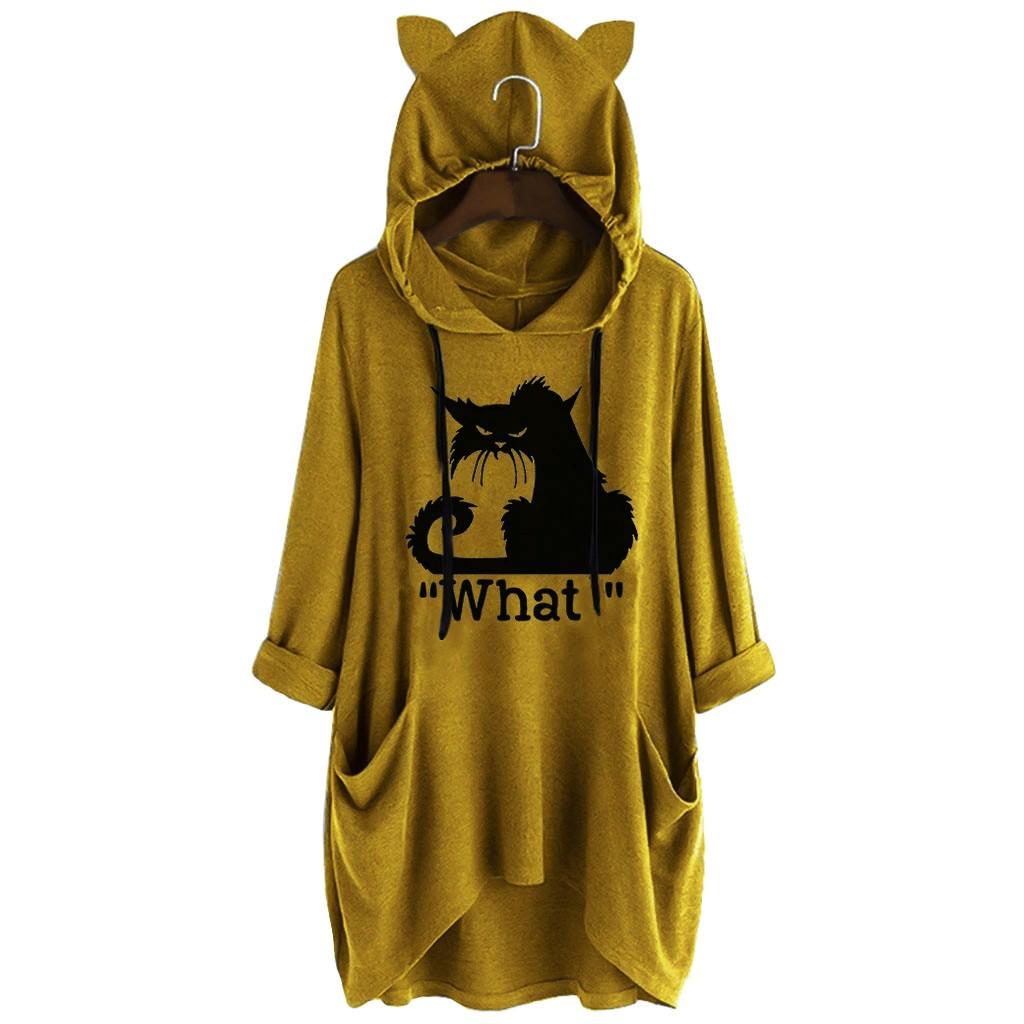 Women Casual Print Cat Ear Hooded Long Sleeves Pocket Top Blouse Shirt