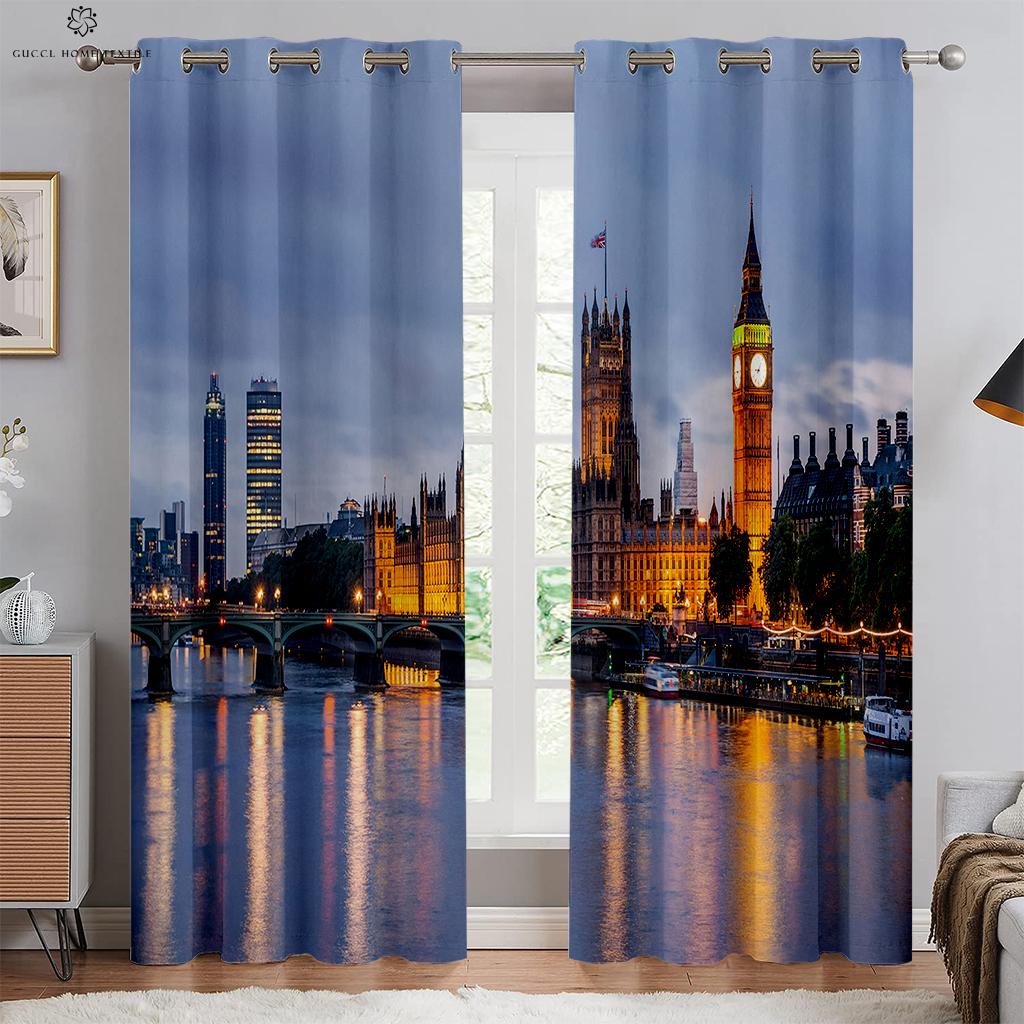 City Building Night View Seaside 3d Printed Curtains Living Room Kitchen Bedroom Decorative Curtains Easy To Wash And Care 2 Pcs