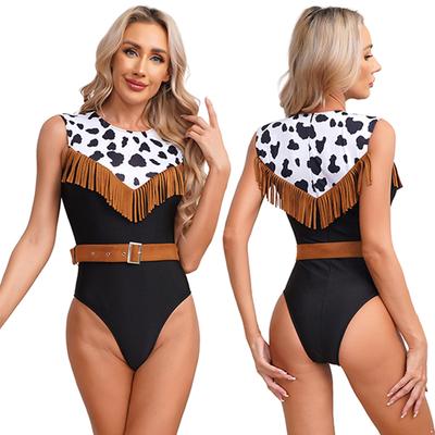 Dámské kovbojské halloweenské body s třásněmi, semišový pásek, kontrastní potisk, leotard, karnevalový klubový cosplay kostým