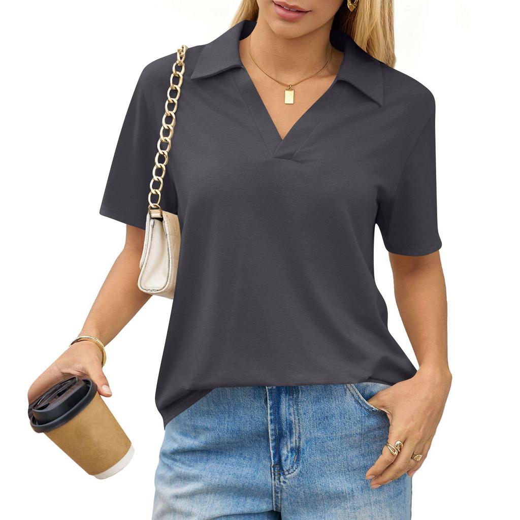 Women's Fashion Casual Lapel Short Sleeve Solid Color Shirt Women's Up Tops