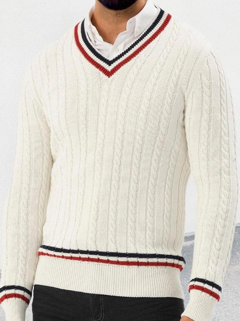 Men's Slim-Fit V-Neck Color-Block Pullover Knitted Sweater - Autumn/Winter Street Style