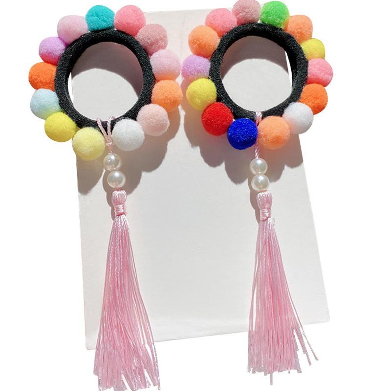 1 Pair of  Hair Band  Cloth  Tassel   Colorful Ball  Plush  Retro Style  Hair Band