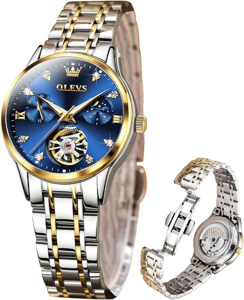 OLEVS Women's Automatic Mechanical Watch, Cute, Waterproof, Luminous, with Diamonds, Date Display, Blue, Gold & Blue, L6608