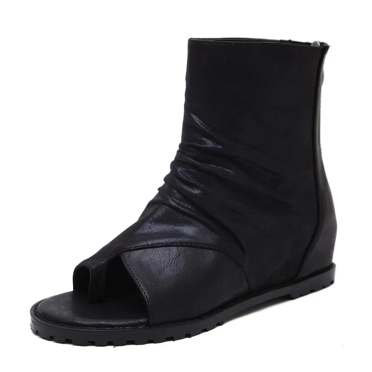 

Модные ретро-сандалии с кольцом на носке, гладиаторские туфли в римском стиле, кожаные ботильоны на танкетке со складками, повседневные ботинки на плоской подошве с молнией сзади, классные ботинки черного цвета с хаки 35 чёрный