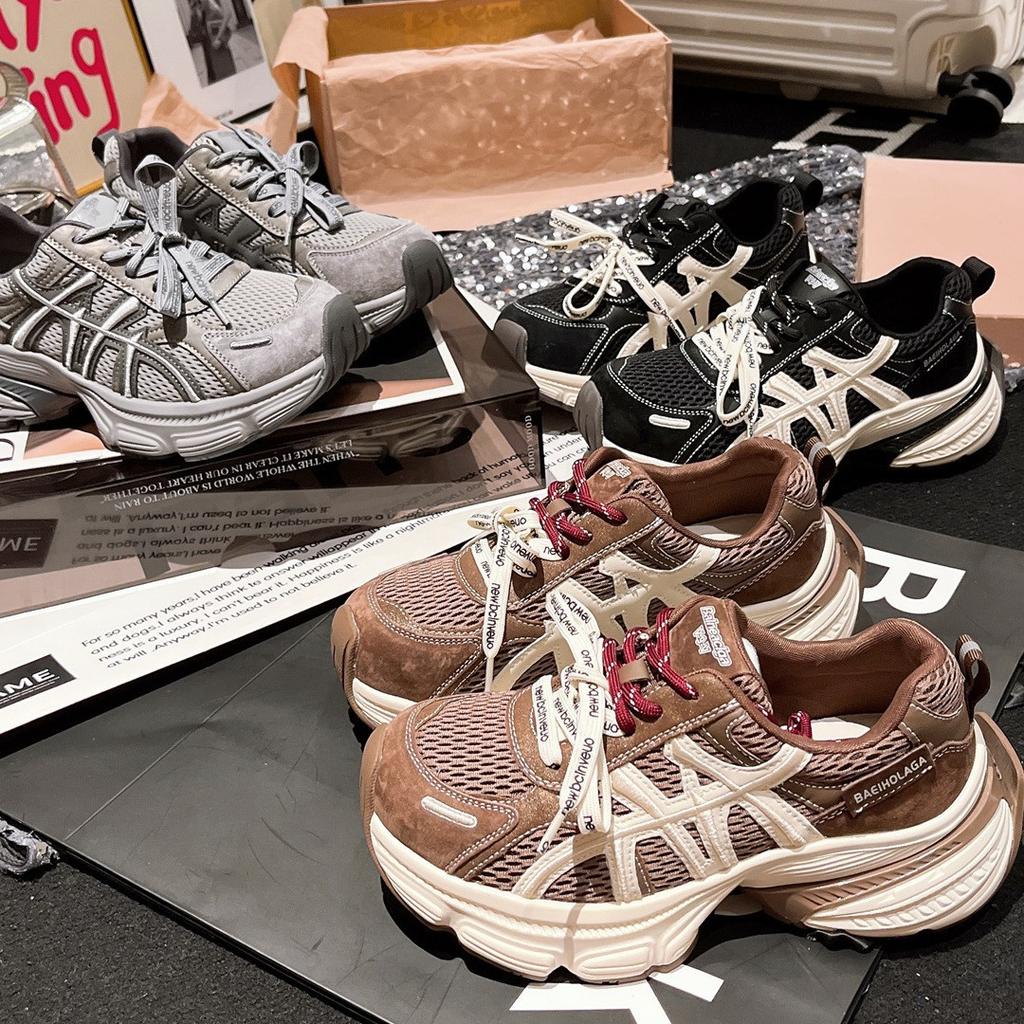 Leather thick-soled dad shoes for women 2025 new mesh breathable and lightweight sports and leisure versatile height-increasing casual shoes for women