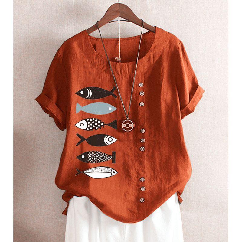 

Anti-Aging Fashion Print Cotton and Linen Short Sleeve Casual Cartoon Brown M