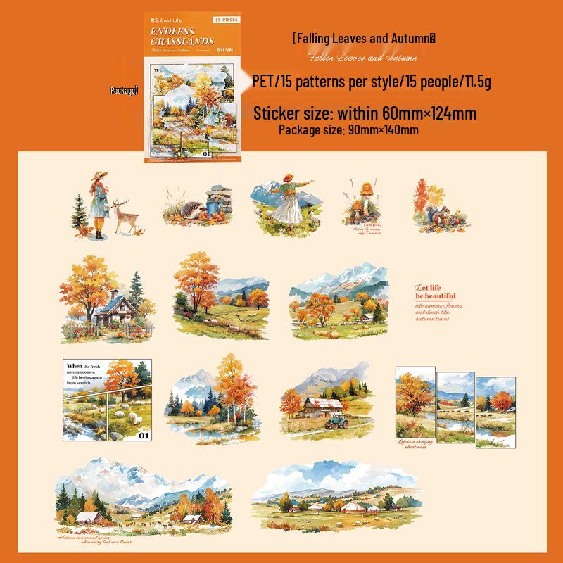 Yi Niao Pet Sticker Pack: Endless Prairie Series - 6 Styles, 15 Sheets, Seasonal Scenery Landscaping Stickers