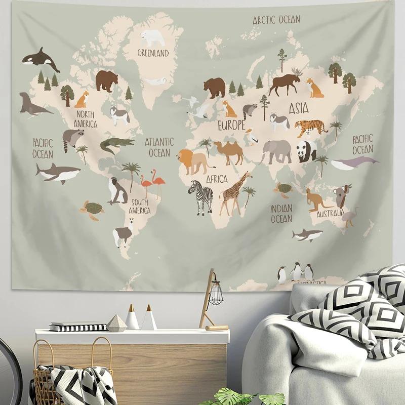 Arazzo Mappa del Mondo Animali Cartoni Animati Poliestere da Appendere alla Parete Tessuto di Sfondo Educativo per Stanza Bambini Asilo Nido Camera da Letto Decorazione