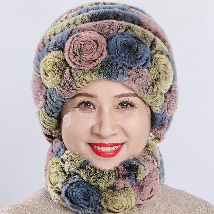 Winter Old Ladies' Grandmother's Mother's Rex Rabbit Fur Hats Scarf