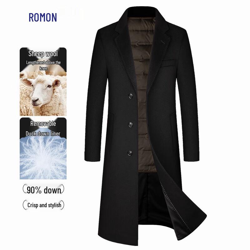 Romon Men's Slim Fit Long Wool Blend Overcoat with Detachable Down Liner