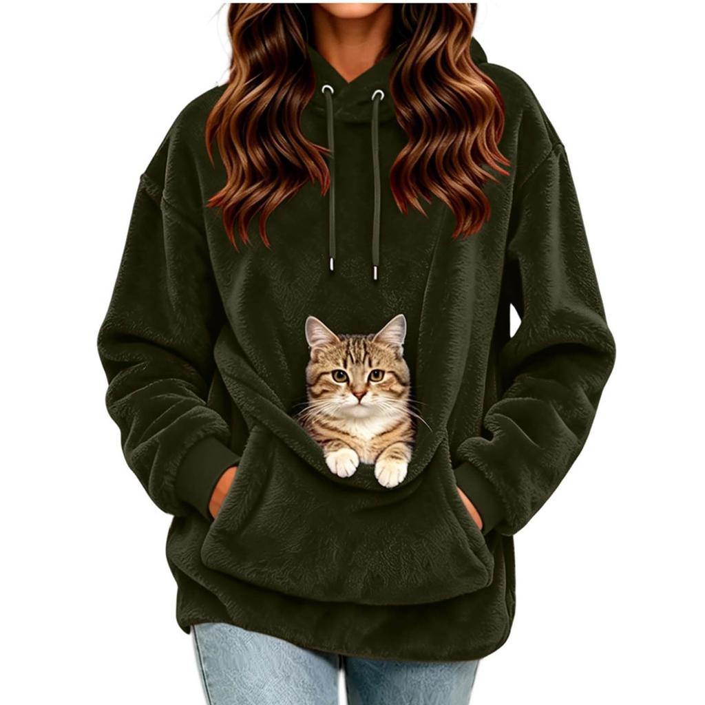 Women's Casual Color Long Sleeve Hooded Loose Fit Pullover Sweatshirt with Large Pet Pocket