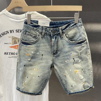 Novos shorts jeans rasgados personalizados masculinos versão coreana calças de cinco pontos justas marca da moda jeans masculinos macios