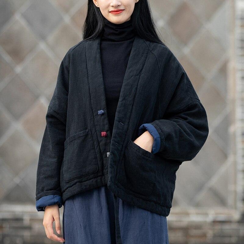 Warm Short Linen Women Johnature Cotton Clothes Vintage Vneck Long Sleeve Loose Solid Color Autumn Winter Coats