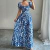 Women’s Elegant Floral Print Off Shoulder Maxi Dress with Puff Sleeves and Fitted Waist for Casual or Formal Wear