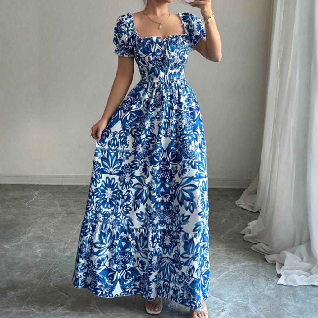 Women’s Elegant Floral Print Off Shoulder Maxi Dress with Puff Sleeves and Fitted Waist for Casual or Formal Wear
