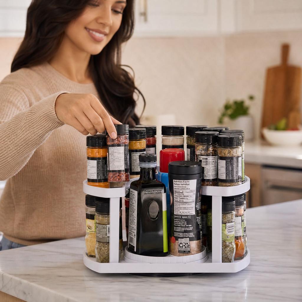 Rotating 2-Tier Rack, Floor Standing Seasoning Bottle Storage Shelf for Kitchen
