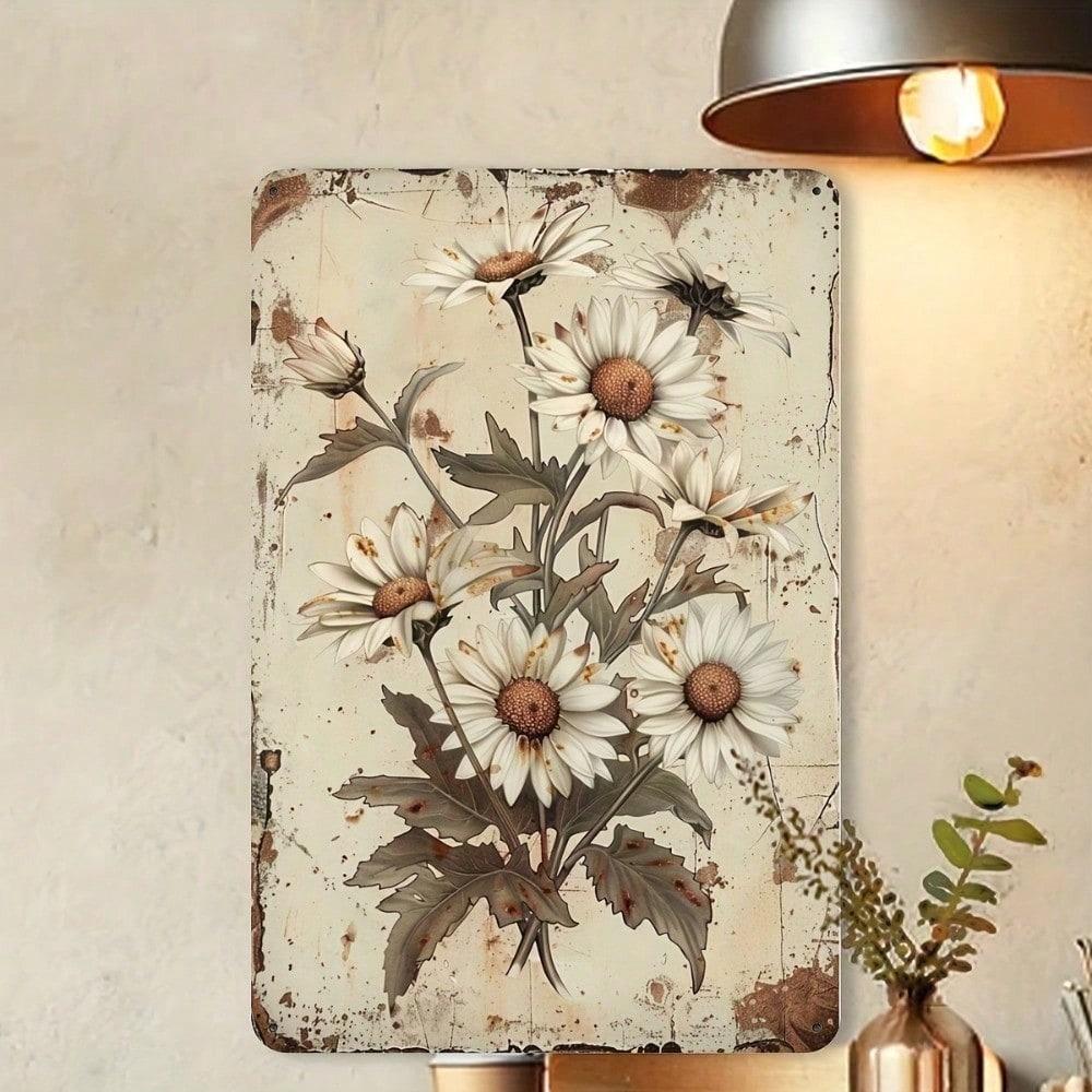 Vintage Daisy Metal Wall Sign, Retro Floral Iron Plate Decor for Home Bar Cafe Garden, Durable Easy-to-Hang Wall Art