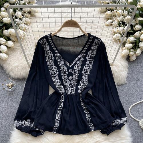 Dámská vyšívaná háčkovaná košile s lucernou a rukávem, krátká dámská módní halenka, jarní retro etnický styl, topy