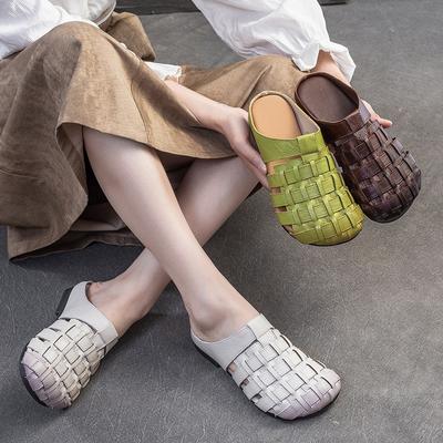 Handmade Woven Breathable Flat Slippers Casual Genuine Leather Women's Slip-on Shoes