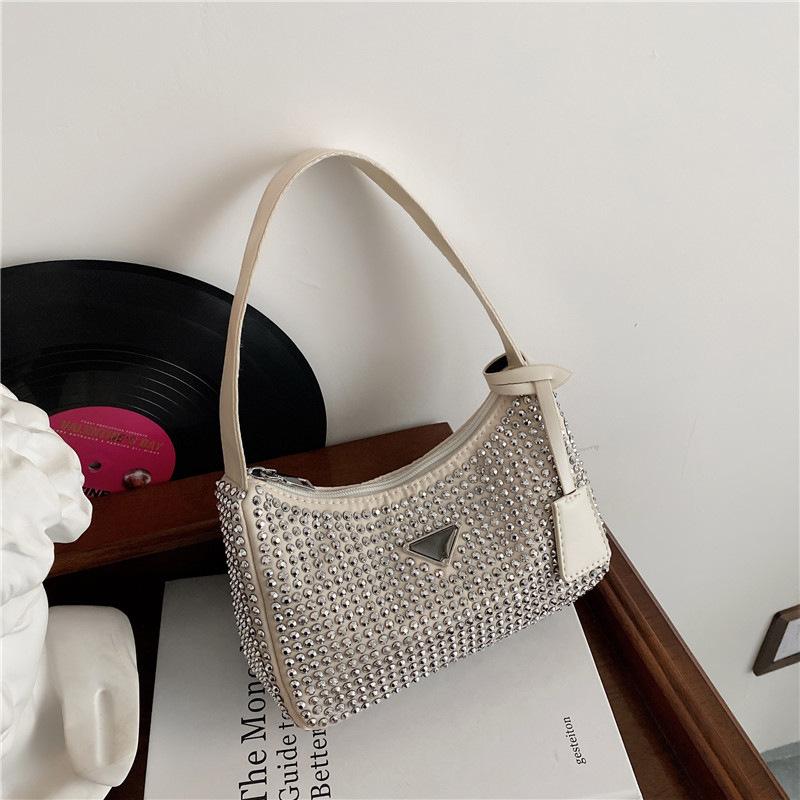 Luxury Diamond Nylon Shoulder Tote Bags For Womensmall Solid Color Women'S Designer Zipper Handbag Female Trend Armpit Bag