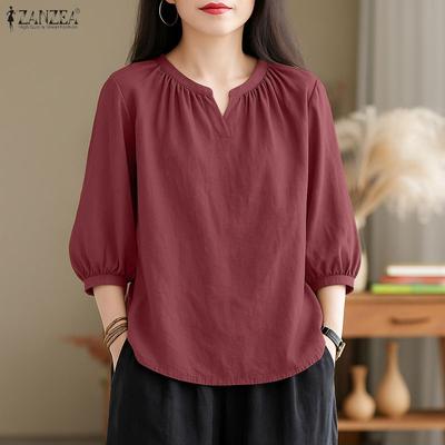 Women Casual V-Neck Solid Color Loose 3/4 Sleeve Blouse