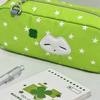 New Green Pen Bag Large Capacity Star Clover Kitten Pattern Pencil Case Portable Handheld Stationery Bag School Office