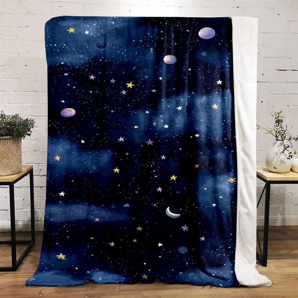 Night Sky with Stars and Planets Patterned flannel blanket perfect for the bedroom living room, sofa, or a little nap